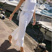women's white linen scalloped beach pant